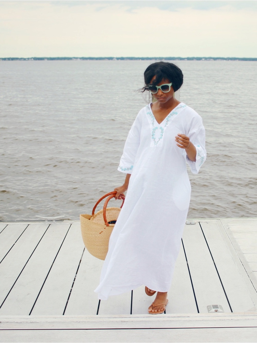 Fanm Mon 100% linen Kepez Women’s White Embroidered V-Neck Caftan Dress